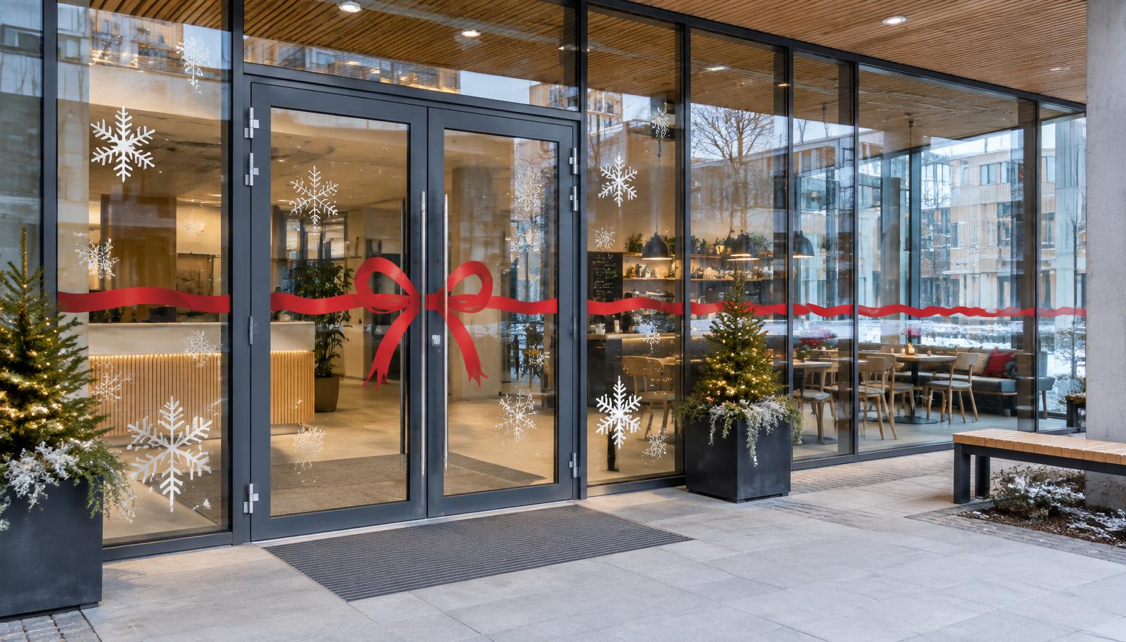 Inngangsparti med juledekor i folie på glassdører