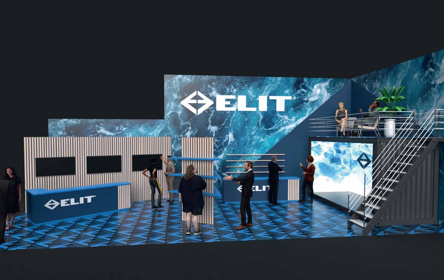 Stor messestand for Elit med trykte vegger, LED-skjerm og trapp