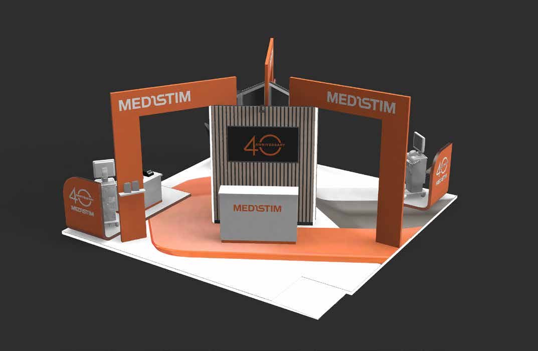 Messestand for Medistim med oransje portaler og digital skjermsøyle