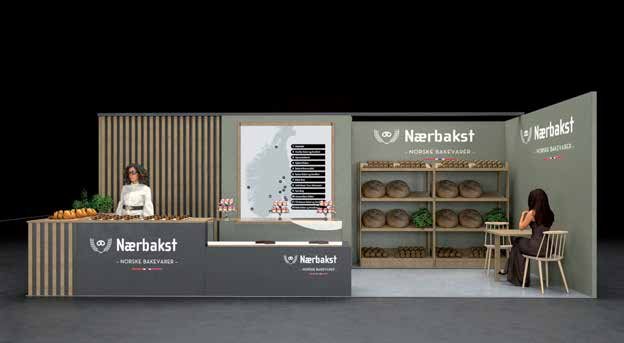 Messestand med disk og hyller for matvarer, levert av Expoline