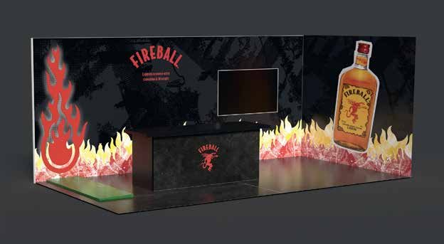 Messestand for Fireball med flammedekor på veggene, skjerm og disk