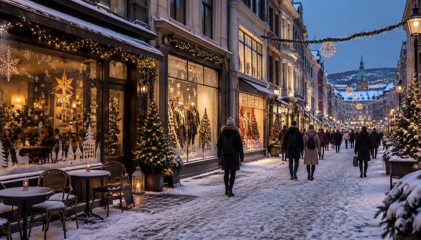 Handlegate i Oslo med julepyntede butikkvinduer