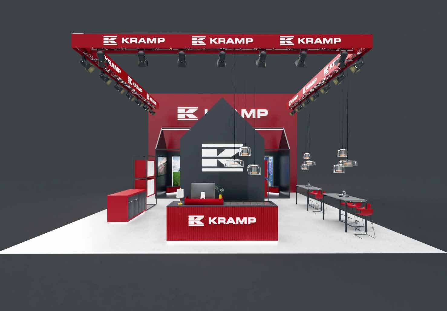 Messestand for Kramp med takheng i rødt, logovegger og disker