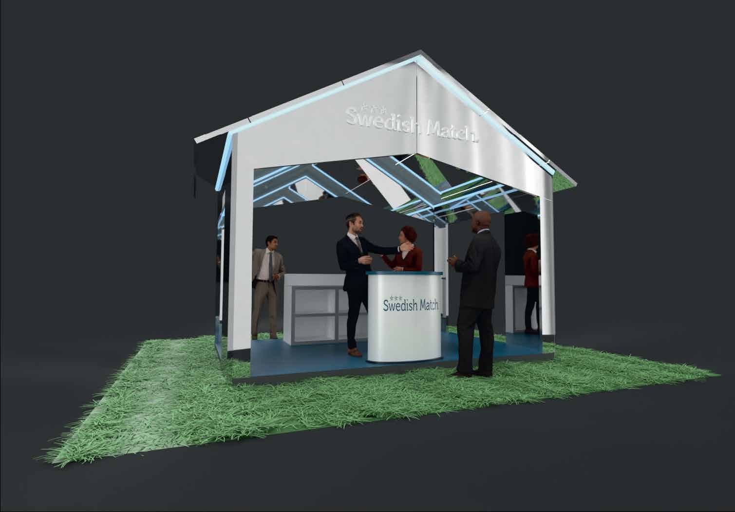 Messestand bygget som paviljong med kunstgress og møtebord