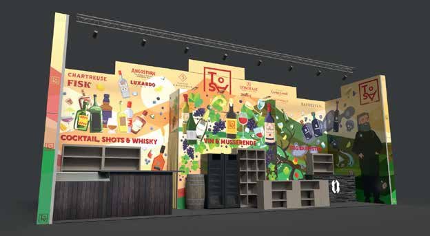 Bred messestand med illustrerte messevegger, bardisk og hyller for flasker
