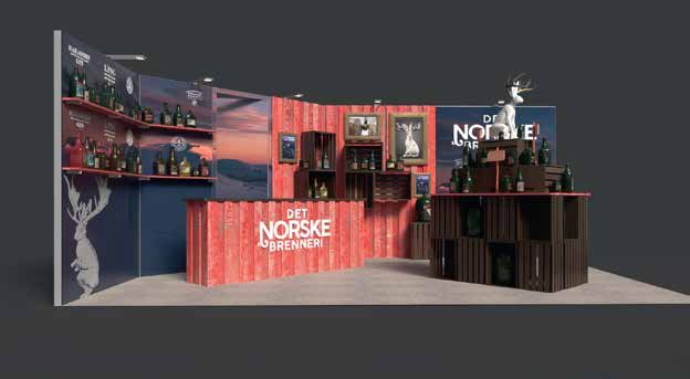Messestand for Det Norske Brenneri med bardisk, hyller og trykte messevegger