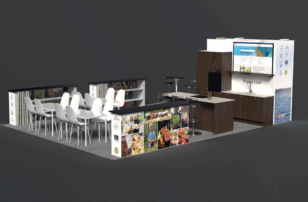 Åpen messestand med kjøkkenmodul, langbord og stoler for smaking