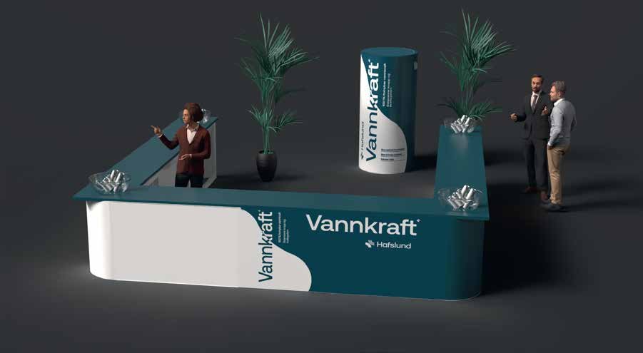 Messestand for Vannkraft med buet disk og runde logosøyler