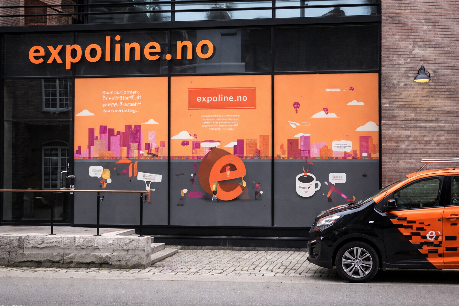 Expoline-kontorbygg med full vindusfoliering og logo i fasaden – profesjonell kampanjefoliering