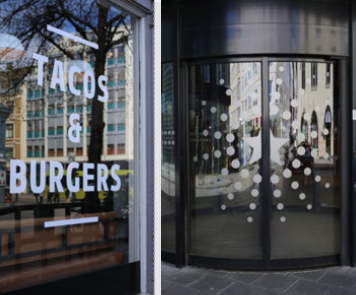 Butikkvindu med Tacos & Burgers-foliering og dekorativ punktfoliering på glassdør