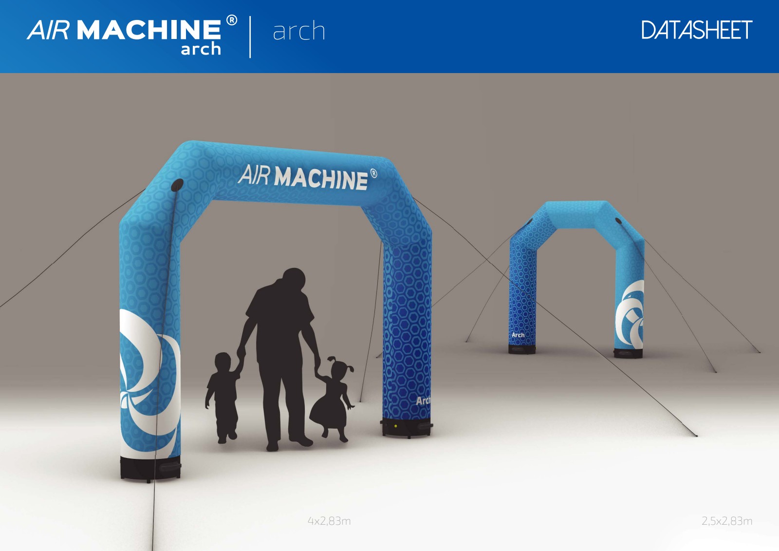 Air Machine Arch – oppblåsbar bue i ulike størrelser, produktoversikt fra datasheet