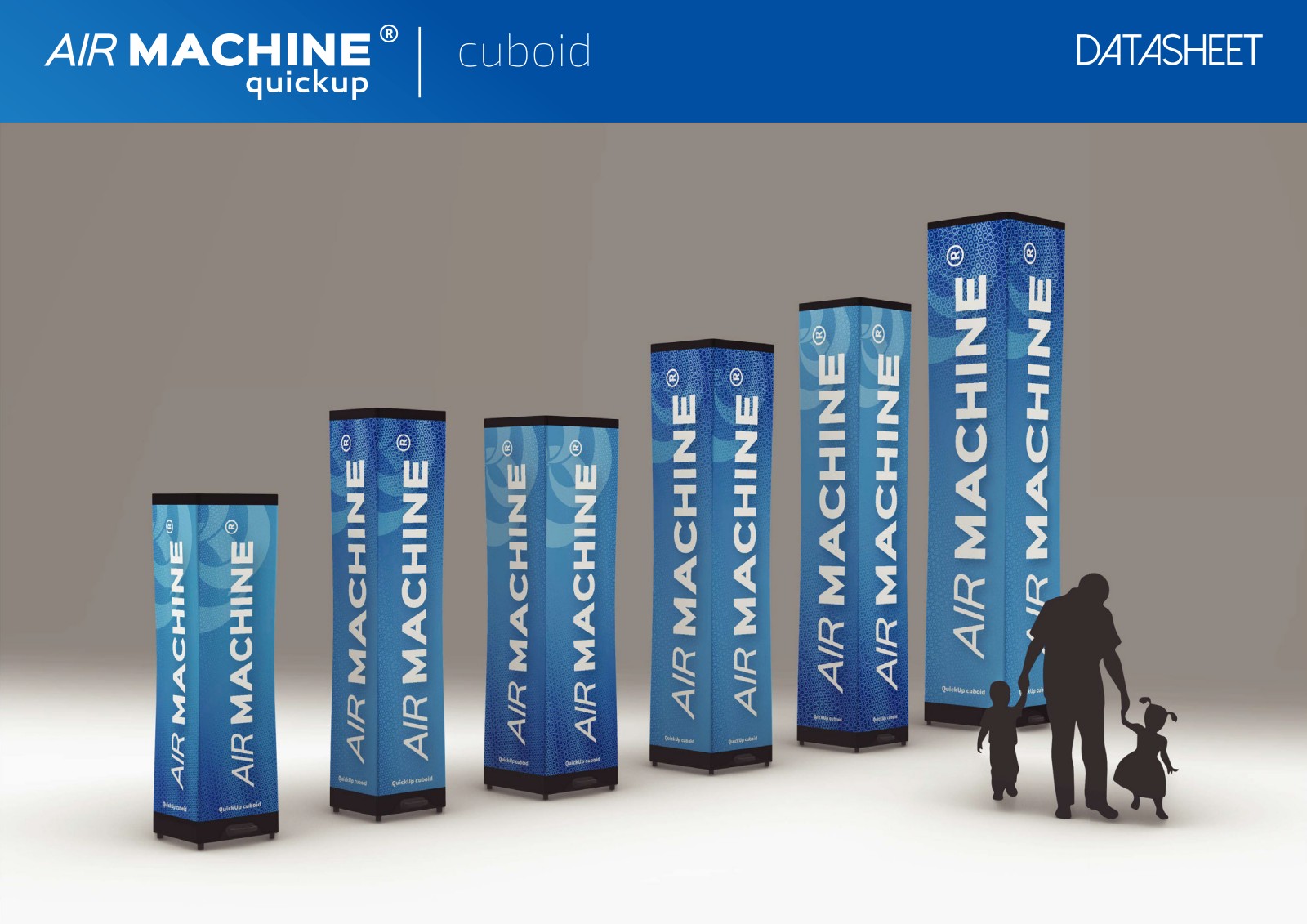 Air Machine Cuboid – oppblåsbare søyler i ulike størrelser, produktoversikt fra datasheet