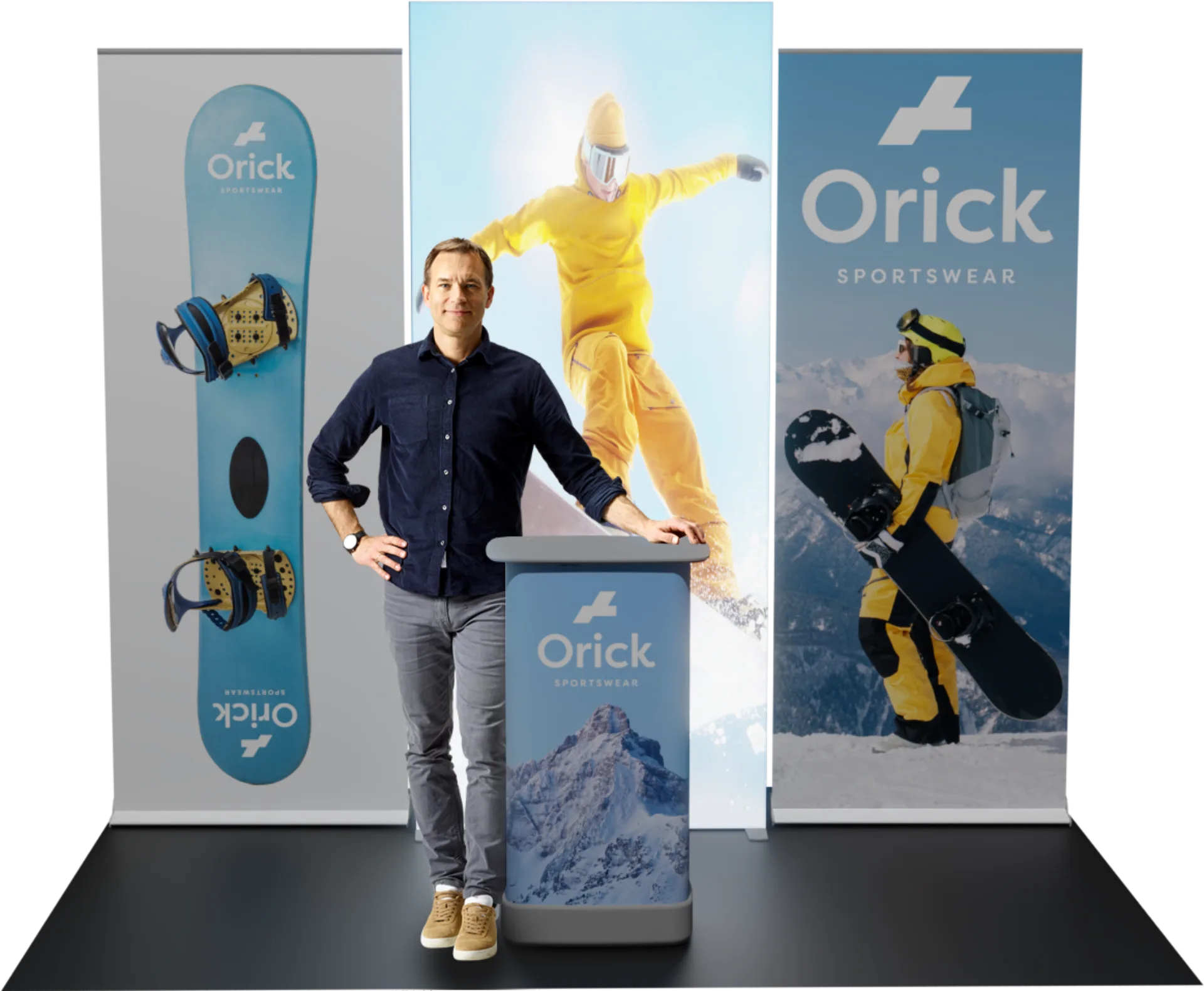 Rollup-stands med Orick Sportswear-design i messesammenheng