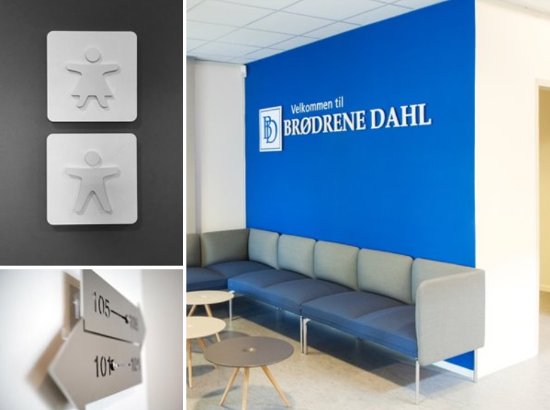Innendørs skilt og wayfinding – kontorprofilering med logo og piktogrammer